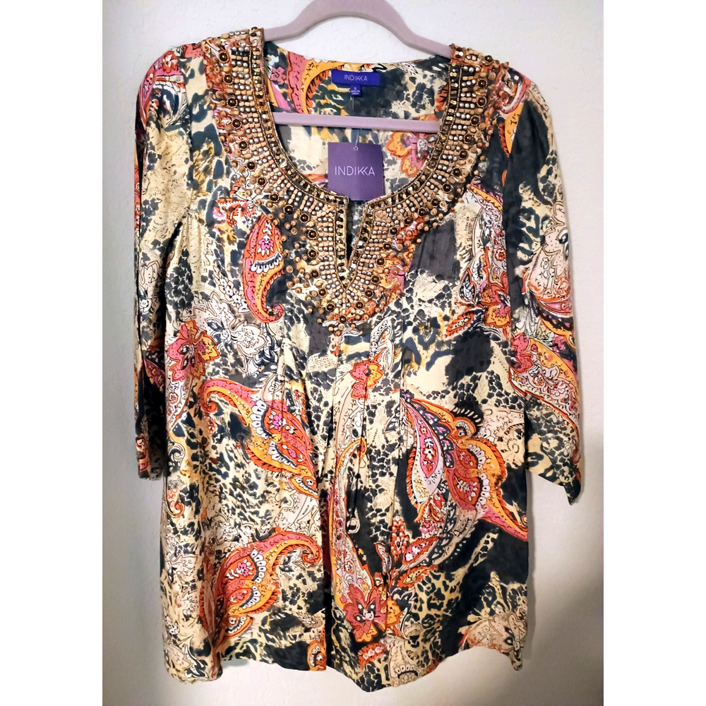 Indikka Rayon Silk Blend Beaded Gray Pink Paisley Tunic Top Sz S NWT